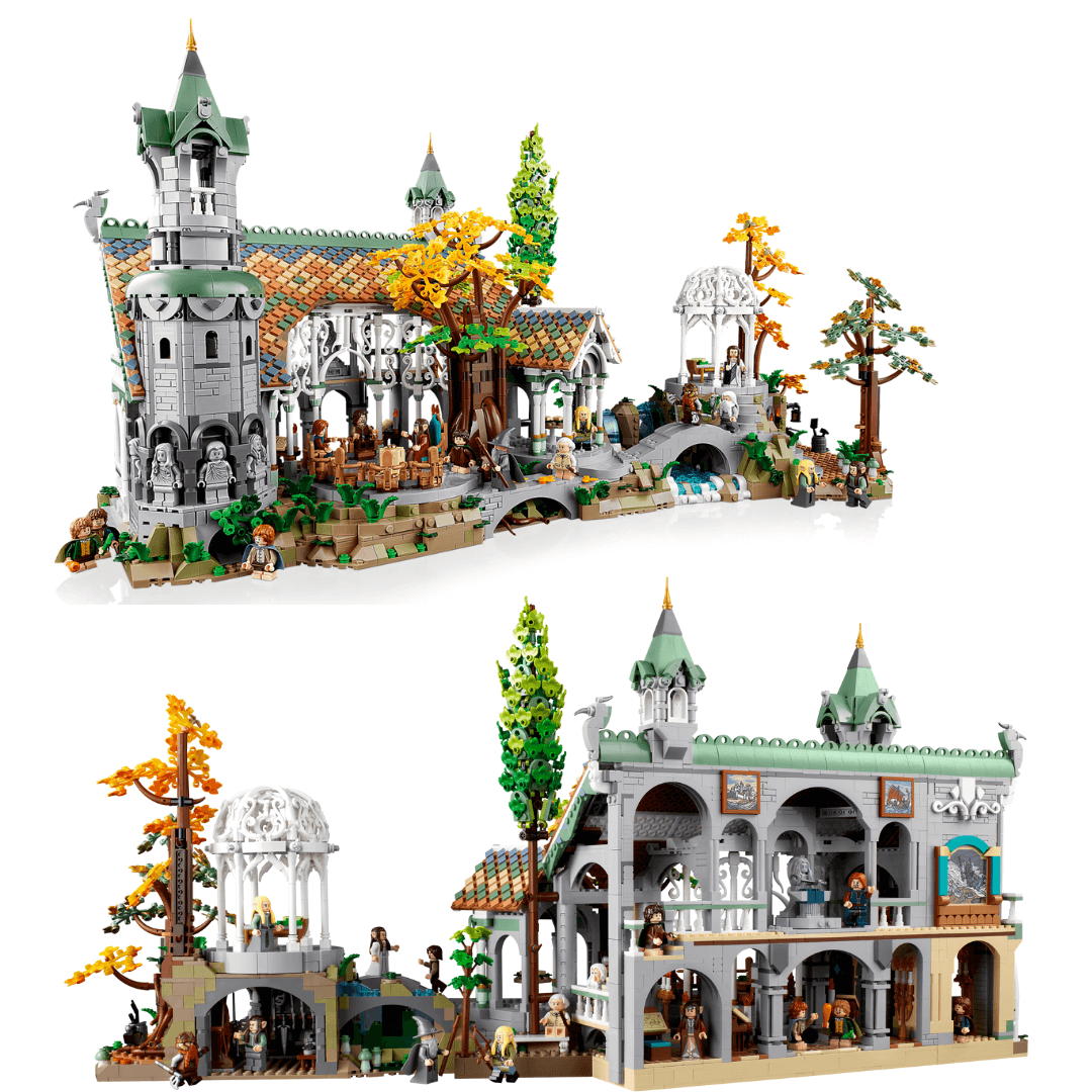 10316 Lego Icons The Lord Of The Rings, Rivendell Built Set. Front Of Set Looks Into A Garden With Trees, Vines And Flowers Displayed. There Is A Small Footbridge Leading To A Gazebo On A Raised Area. Path Leads To A Circle Of Chairs With Throne At The Head Of Circle. Figures Seen Gathered Around Chairs.  Back Of Set Looks Into Inside The Building, Showing Individual Rooms, Stone Staircases, Window Detailing And Artworks. Figures Seen Inside And Outside Building.