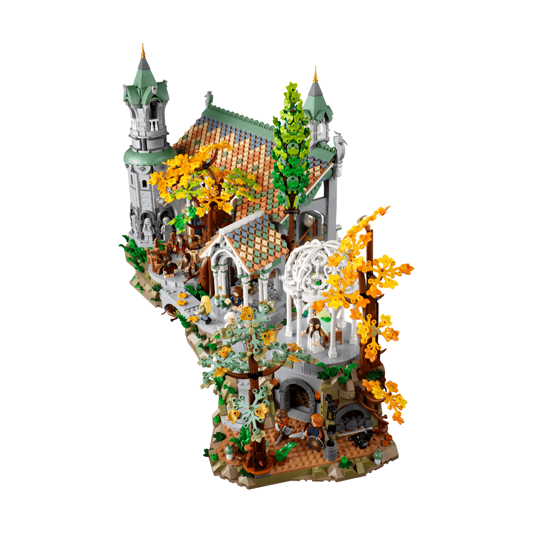 10316 Lego Icons The Lord Of The Rings Rivendell Built Set. Looking From Above, The Set Dsiplays A New Range Of Colour. The Roof of Rivendell Has Diamond Tiles Arranged In A Pattern Of Different Colours. The Main Colour Being Sage Green. The Trees Are A Mix Of Green, Yellow, Sage, Orange And Brown. The Gazebo Is A Stark White Which Stands Out Against All The Colour.