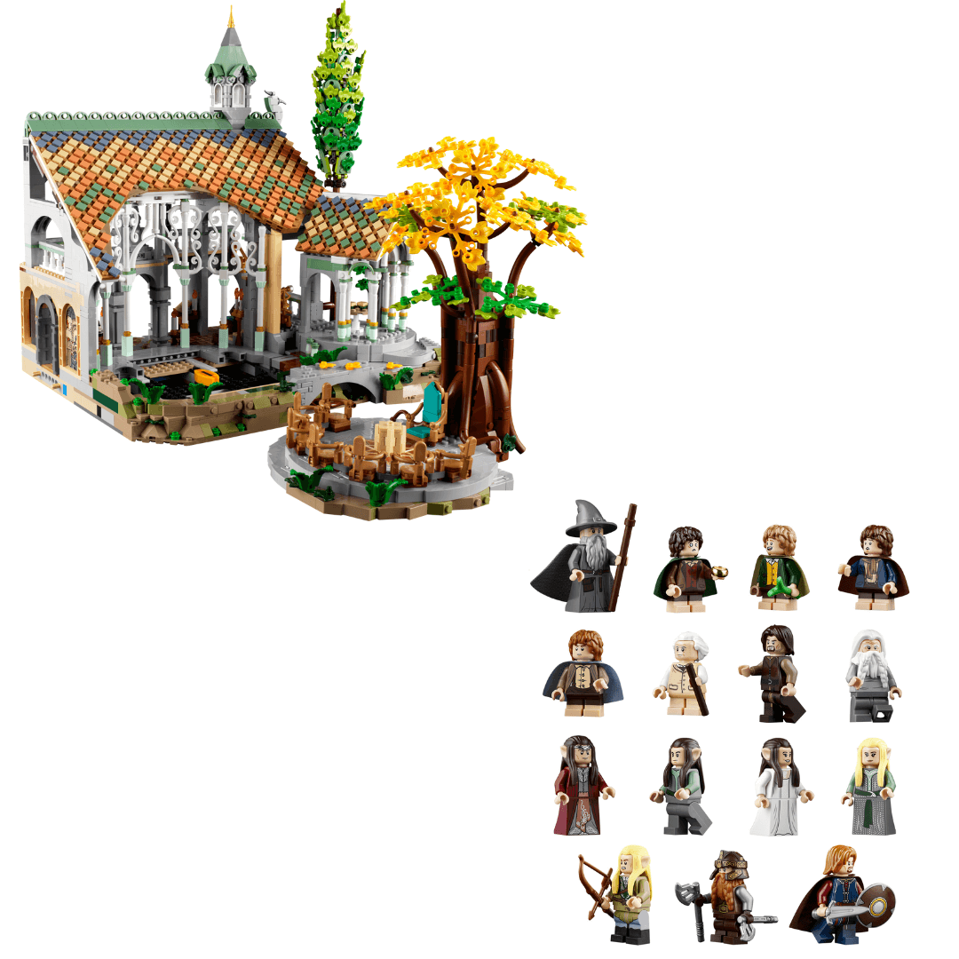 10316 Lego Icons The Lord Of The Rings, Rivendell Built Set. From The Side, The Set Shows Off Other Featues. The Circle Of Chairs Can Be Seen From This Angle, All Placed Facing The Big Gold Turquoise  Throne With Plinth In The Centre On Circle. A Bigg Green And Yellow Tree Shadows the Circle Providing Shade And Cover. All Characters From The Movie Rivendell Scene Are Included As Figures, 15 In Total.