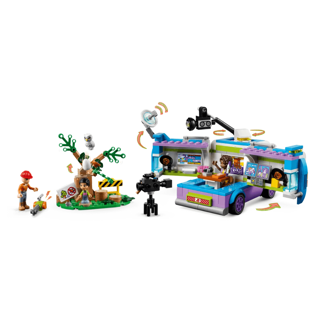 41749 Lego Friends Newsroom Van Built Set. Open Van With Television Accessories. Video Camera, Speakers And Microphone. Character Inside With Music. Seen Next To Van, Two Characters In A Working Set With Camera Pointed At Them. A Tree And Yellow/Black Striped Warning Sign Are Also Included.  A Small Owl Sits On Top Of Tree.