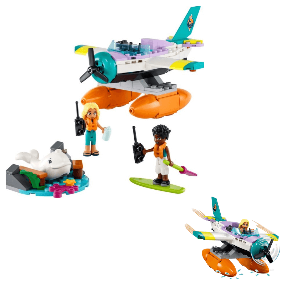 41752 Lego Friends Sea Rescue Plane Buolt Set. Small Purple And Blue Seaplane. 2 Characters Included, One Character On Surfboard With Paddle Next To Small White Whale. Other Characer In The Seaplane, Both Seen Holding Walkie Talkies.