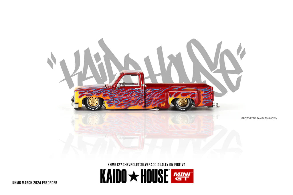 Mini GT - 1:64 Chevrolet Silverado Kaido House Dually on Fire V1 Logo