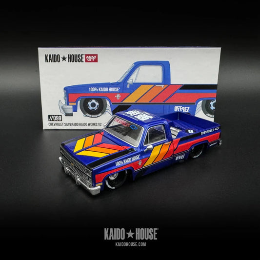 my-toykingdom-Mini-GT-1:64-Chevrolet-Silverado-Kaido-House-Blue-V2-Front