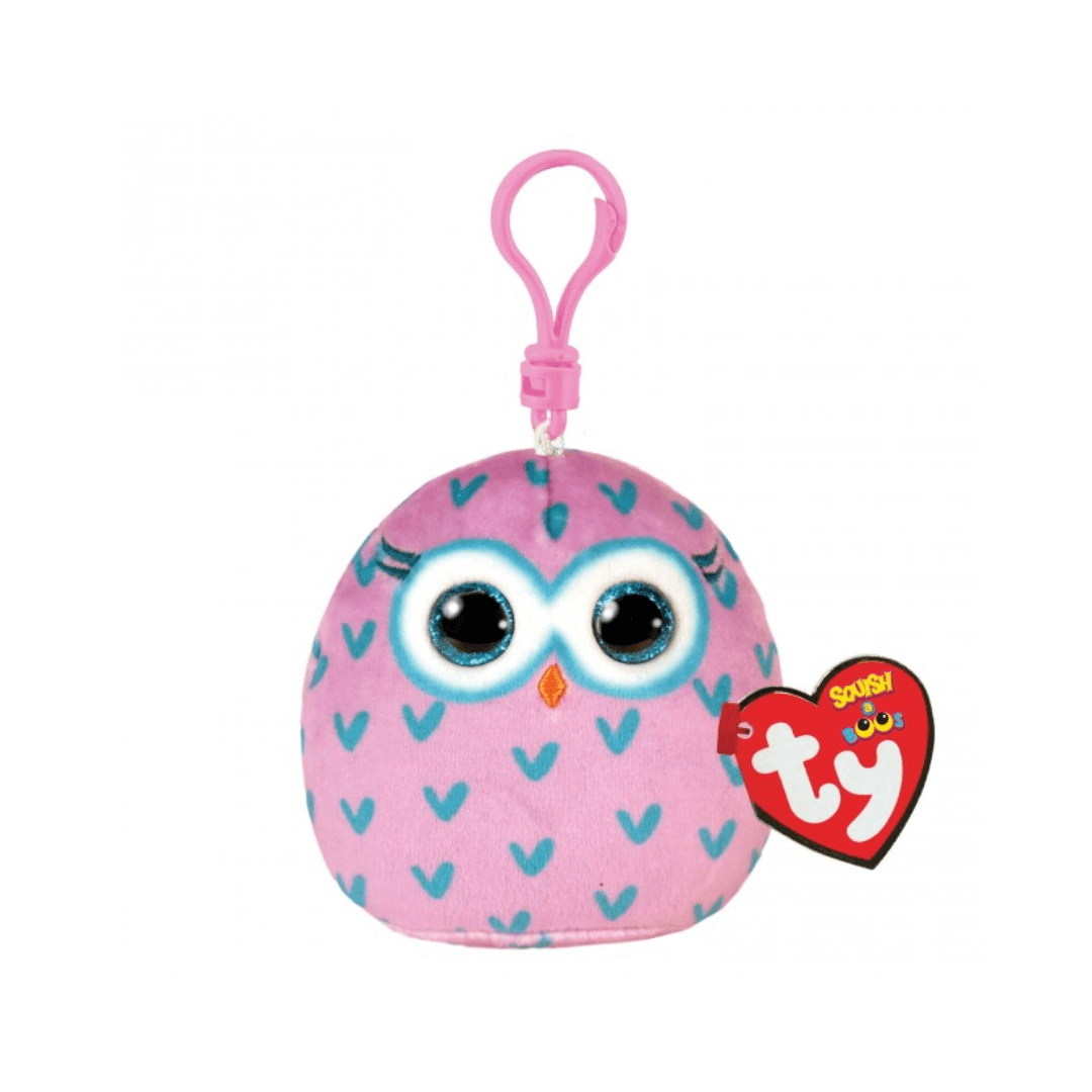 Pink owl character with blue speks