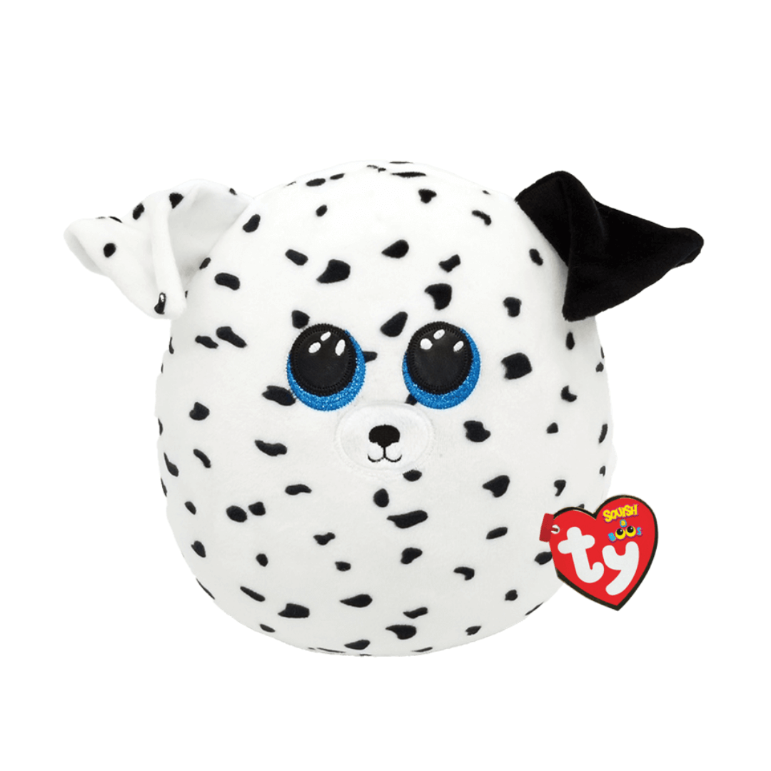 Fetch white dog creature with black ear and spots