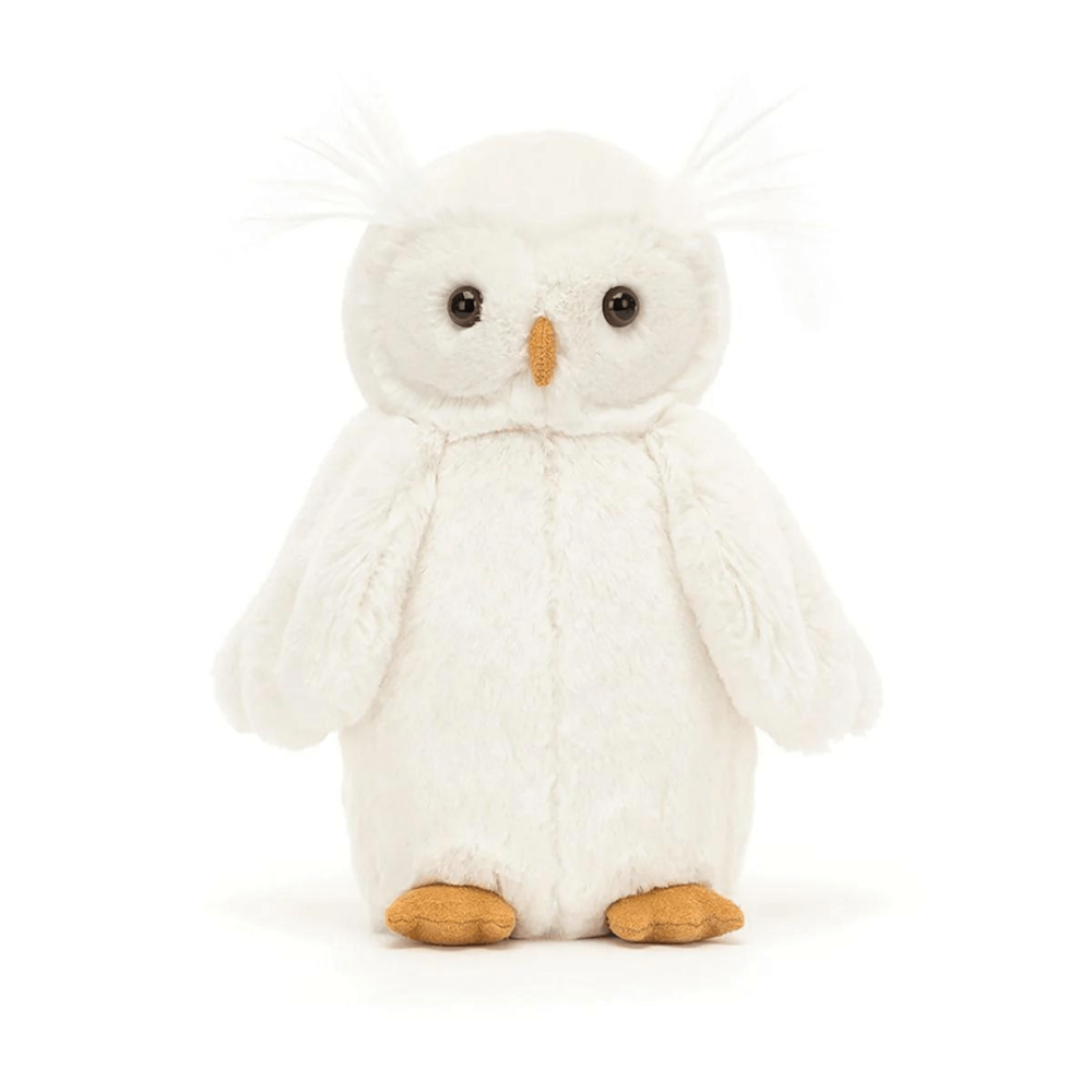 Jellycat white owl with yellow beak and feet