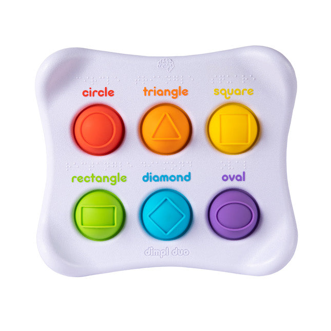 Fat Brain Toys Dimpl Duo front view showing shapes and shape names in english